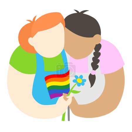 Ilustración de Chicas LGBT enamoradas sosteniendo la bandera del arco iris y la flor - simple ilustración vectorial. Orgullo LGBT Concepto Gay y Lesbiano - Imagen libre de derechos