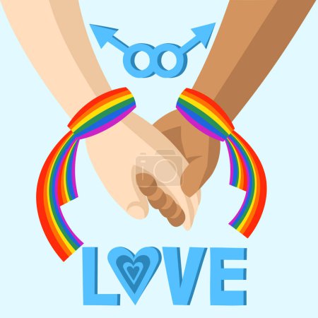 Ilustración de Dos manos de diferentes colores de piel se sostienen entre sí con bandas de cinta de arco iris LGBT. Dos signos masculinos y firma de AMOR. Fondo azul. Ilustración vectorial. Orgullo LGBT Concepto Gay y Lesbiano - Imagen libre de derechos