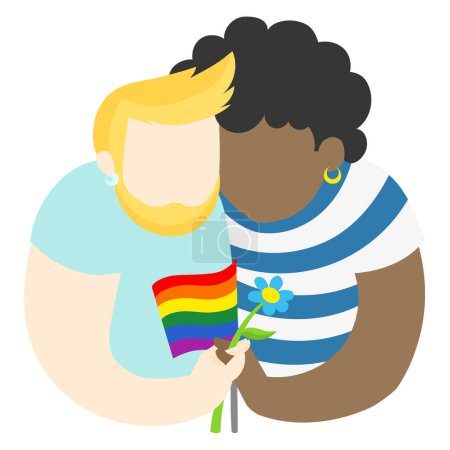 Téléchargez les illustrations : LGBT Boys in love holding rainbow flag and flower - illustration vectorielle simple. LGBT pride Concept gay et lesbien - en licence libre de droit