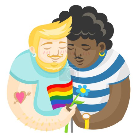 Illustration for LGBT Boys in love holding rainbow flag and flower - vector illustration. LGBT pride Gay and Lesbian concept - Royalty Free Image