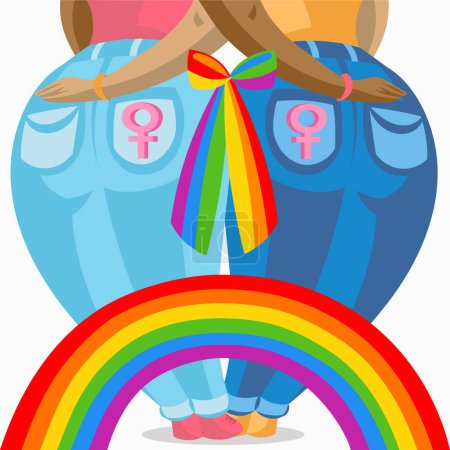 Illustration for Two dark skin lesbian women in jeans holding each other, connected with colourful bow and rainbow - vector illustration. LGBT pride Gay and Lesbian concept - Royalty Free Image