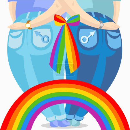 Illustration for Two white skin gay men in jeans holding each other, connected with colourful bow and rainbow - vector illustration. LGBT pride Gay and Lesbian concept - Royalty Free Image