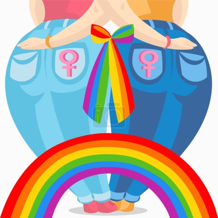 Illustration for Two white skin lesbian women in jeans holding each other, connected with colourful bow and rainbow - vector illustration. LGBT pride Gay and Lesbian concept - Royalty Free Image