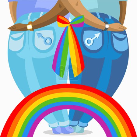 Illustration for Two dark skin gay men in jeans holding each other, connected with colourful bow and rainbow - vector illustration. LGBT pride Gay and Lesbian concept - Royalty Free Image