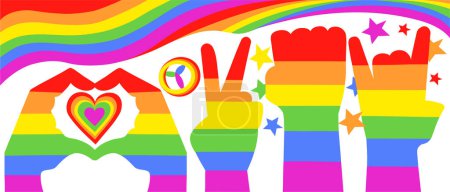 Illustration for Various hands with rainbow pattern in different poses with LGBT flag and colorful symbols on the background. LGBT pride Gay and Lesbian concept - Royalty Free Image