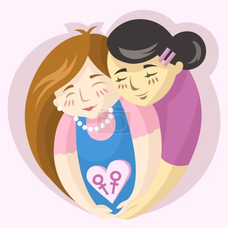 Ilustración de Chicas lesbianas enamoradas sosteniendo signos femeninos en el corazón sobre fondo rosa - ilustración vectorial. Orgullo LGBT Concepto Gay y Lesbiano - Imagen libre de derechos