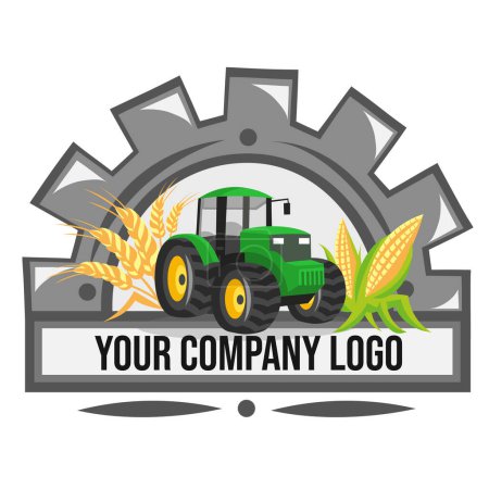Téléchargez les illustrations : Logo pour l'entreprise agricole. Tracteur vert avec blé et maïs à l'intérieur de la moitié de la roue dentée image vectorielle. Agriculture et concept rural - en licence libre de droit