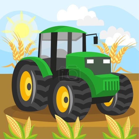 Ilustración de Tractor verde durante el trabajo en el campo con trigo y maíz en el día soleado - imagen vectorial. Agricultura y concepto rural - Imagen libre de derechos