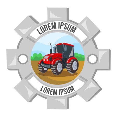 Ilustración de Logotipo para la empresa agrícola. Tractor rojo en el campo durante el trabajo de cultivo dentro de rueda dentada - imagen vectorial. Agricultura y concepto rural - Imagen libre de derechos
