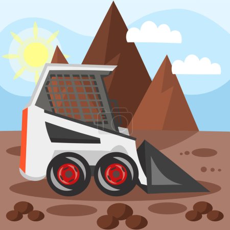 Illustration for BobCat loader on building plot during landscaping, construction and digging works with mountains on background - vector image. Construction equipment concept - Royalty Free Image