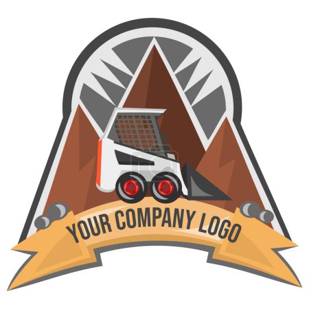 Illustration for Logo for BobCat works company. BobCat loader on building plot during landscaping, construction and digging works with three mountains on background - vector image. Construction equipment concept - Royalty Free Image