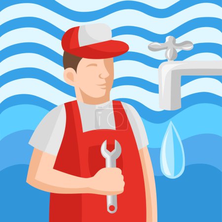 Illustration for Plumber in uniform with wrench during plumbing service works with water on background - vector image. Different professions concept - Royalty Free Image