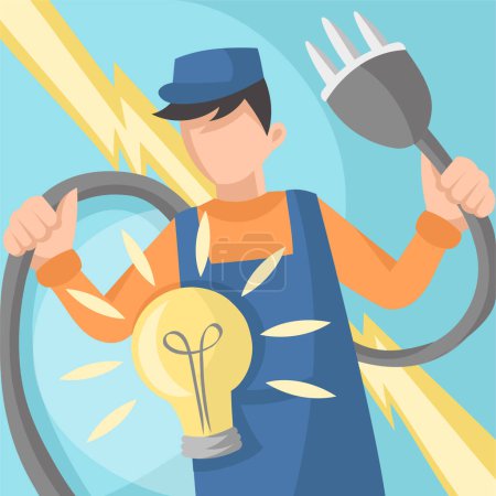 Illustration for Electrician in uniform with socket plug able and lightbulb during electrician works with electric current on background - vector image. Different professions concept - Royalty Free Image