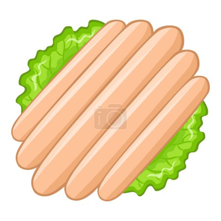 Illustration for Vector frankfurt pork sausages on green lettuce leaf. Set of different sausages - Royalty Free Image