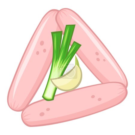 Téléchargez les illustrations : Saucisses de poulet au lait rose vectoriel avec oignon vert et ail. Ensemble de différentes saucisses - en licence libre de droit
