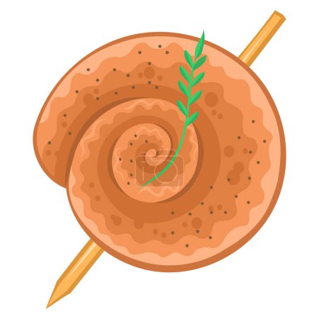 Illustration for Vector traditional meat sausage twisted on wooden stick with rosemary leaf and black pepper. Set of different sausages - Royalty Free Image