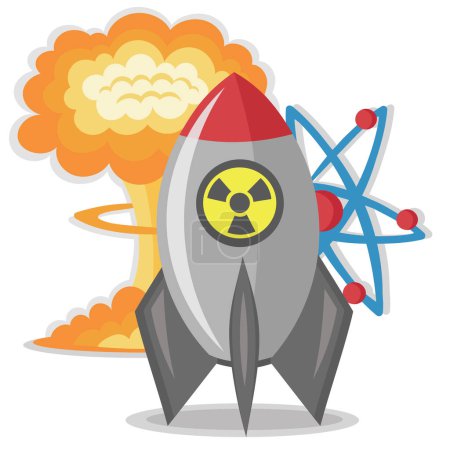 Creators of nuclear bomb with nuclear explosion in the center and radioactive molecules around - abstract vector image
