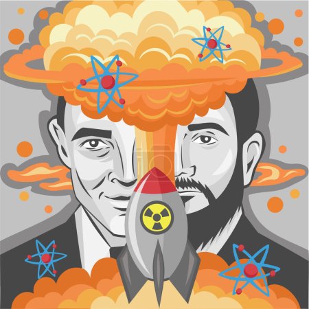 Téléchargez les illustrations : Créateurs de bombe nucléaire avec explosion nucléaire au centre et molécules radioactives autour - image vectorielle abstraite - en licence libre de droit