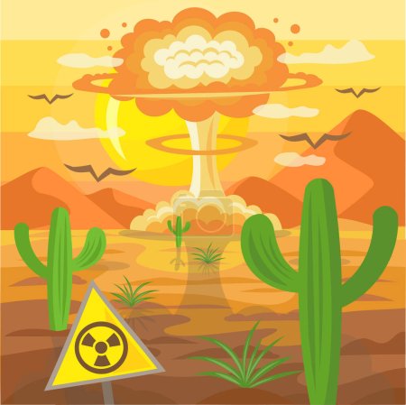 Ilustración de Explosión nuclear después de la bomba atómica como una nube de hongos en algún lugar del desierto con cactus y montañas, zona radiactiva - imagen vectorial - Imagen libre de derechos
