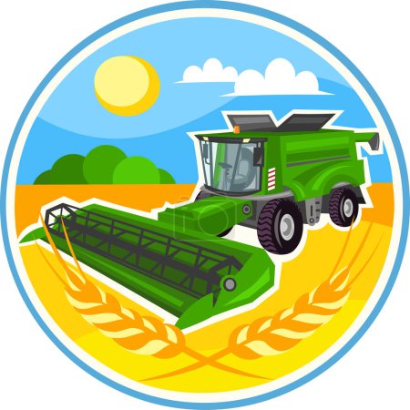 Illustration for Green agricultural combine harvester machine vector image with white stroke along the contour in circle with wheat field and blue sky background during harvesting works. Agriculture collection - Royalty Free Image