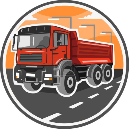 Ilustración de Imagen vectorial de camión de construcción roja en círculo con paisaje de carretera y carretera durante la conducción. Recogida de camiones - Imagen libre de derechos