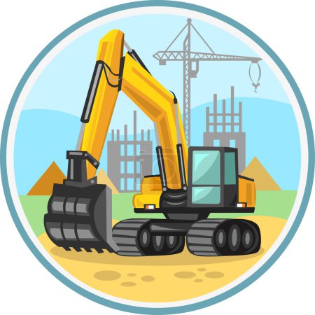 Téléchargez les illustrations : Image vectorielle jaune de la pelle du bâtiment en cercle avec le fond de la zone de construction pendant les travaux d'excavation et de creusement. Camions de construction collection - en licence libre de droit