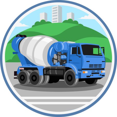 Illustration for Blue concrete mixer machine, concrete truck vector image in circle with green urban landscape on background during cement shipping to construction works. Construction trucks collection - Royalty Free Image