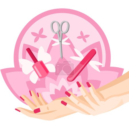 Illustration for Manicure logo for nail art salon vector image. Two hands holding each other, nail polish bottle, manicure scissors nail file flying with wings above hands with the background of pink flower figure - Royalty Free Image