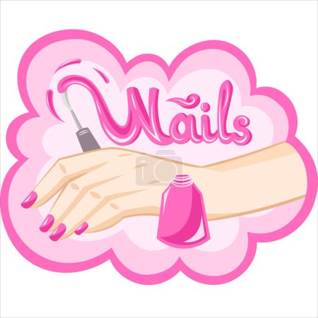 Illustration for Manicure logo for nail art salon vector image. Manicured female hand holding nail polish brush with polish liquid that writes nails signature in air pink polish bottle on pink cloud background - Royalty Free Image