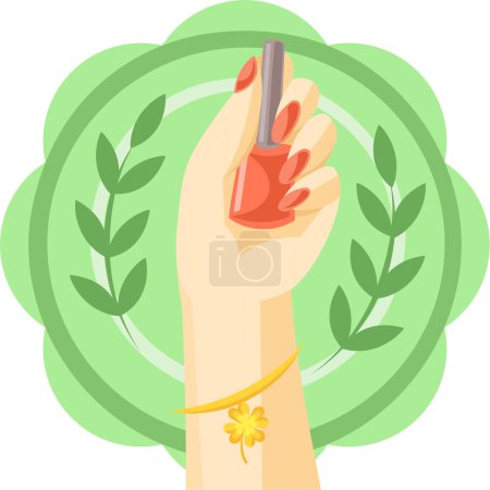 Illustration for Manicure logo for nail art salon vector image. One hand holding orange nail polish bottle with plant leaves and white circle on background of green flower figure - Royalty Free Image