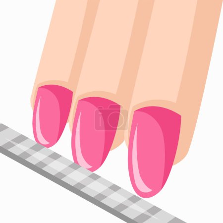 Illustration for Manicure art image for nail art salon vector image. Nail file is sharpening three female fingers with pink polish painted nails - Royalty Free Image
