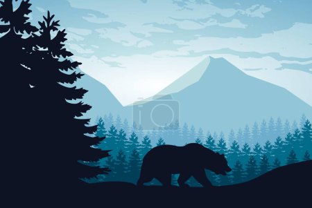 Photo for Animals Landscape Illustration Vector With Grizzly Bear. Illustration of a bear in the middle of the forest. - Royalty Free Image