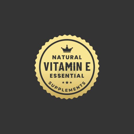Illustration for Natural Vitamin E Seal or Vitamin E Label Vector Isolated On Dark Background. Excellent Source of Vitamin E. The best Vitamin E badge for products rich in vitamins. - Royalty Free Image