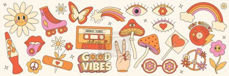 Photo for Retro groovy hippie 70s set. Sticker collection in trendy retro psychedelic cartoon style. Mushroom, flower, eye, rainbow, butterfly, good vibes - Royalty Free Image