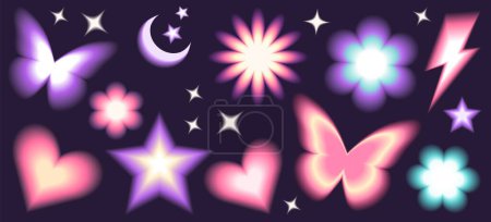 Ilustración de Y2k borrosa gragient desenfocado conjunto. Formas geométricas abstractas en estilo retro de moda. Corazón, flor, margarita, mariposa, estrella, luna - Imagen libre de derechos