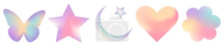 Ilustración de Conjunto de pegatinas de gradiente desenfocadas borrosas de malla en colores pastel. Formas geométricas y2k abstractas en estilo retro de moda. Corazón, flor, margarita, mariposa, estrella, luna - Imagen libre de derechos