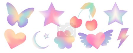 Ilustración de Conjunto de pegatinas de gradiente desenfocadas borrosas de malla en colores pastel. Formas geométricas y2k abstractas en estilo retro de moda. Corazón, flor, margarita, mariposa, estrella, luna, cereza, ángel - Imagen libre de derechos