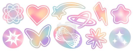 Ilustración de Set de pegatinas gradientes de malla en colores pastel. Formas geométricas y2k abstractas en estilo retro de moda. Corazón, flor, margarita, mariposa, estrella - Imagen libre de derechos