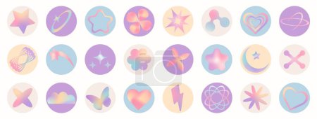 Ilustración de Set de pegatinas gradientes de malla en colores pastel. Formas geométricas y2k abstractas en estilo retro de moda. - Imagen libre de derechos