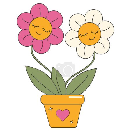 Illustration for Groovy 70s sticker. Y2k groovy spring character, flower, daisy, plant - Royalty Free Image