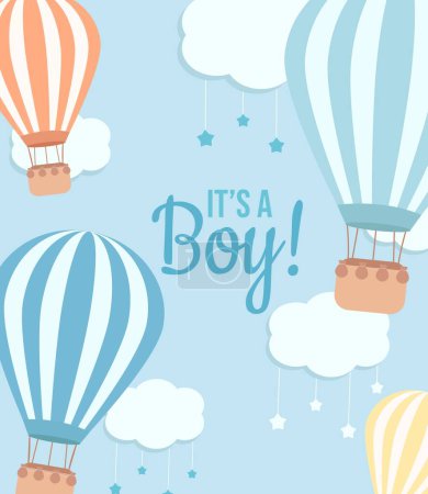 Photo for It's a boy baby shower card with a hot air balloons and clouds with a stars on the blue background - Royalty Free Image