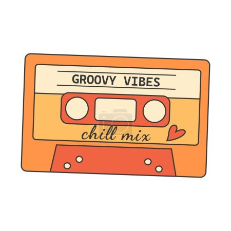 Retro groovy hippie 70s sticker. Groovy vibes mix tape sticker in trendy retro psychedelic cartoon style.