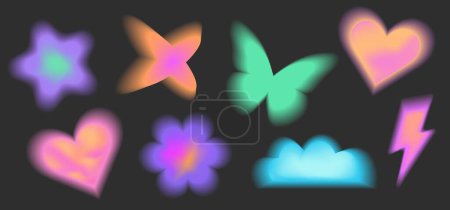 Ilustración de Y2k desenfocado gradiente desenfocado conjunto. Formas geométricas de neón abstractas en estilo retro de moda. Corazón, flor, margarita, mariposa, estrella, luna - Imagen libre de derechos