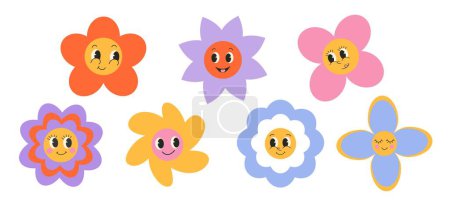 Illustration for Colorful groovy flower daisy set. 70s hippie style stickers. Retro flowers with faces - Royalty Free Image