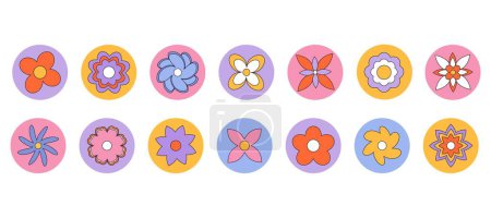Illustration for Colorful groovy retro flower daisy sticker set. Stickers in trendy 70s style - Royalty Free Image