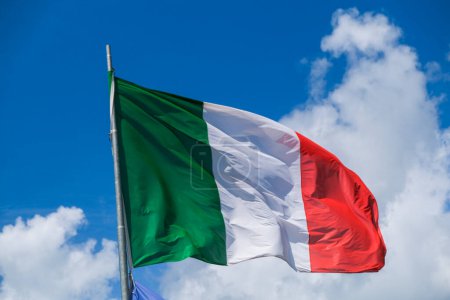 Photo for Italian tricolor flag waving in the wind in sunny day. High quality photo - Royalty Free Image