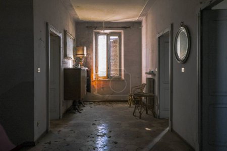 corridor in shadow in big abandoned house. High quality photo