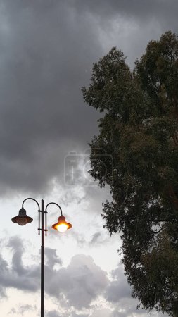 Eine Straßenlaterne hängt an einem Mast vor dem Hintergrund eines Baumes mit Wolken und blauem Himmel. Das atmosphärische Gas erhellt die Kumuluswolken bei windigem Wetter