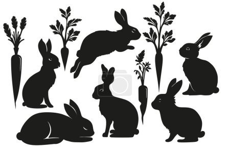 Illustration for Rabbit bunny and carrot silhouette set, Easter vector animal ear black shape spring graphic collection - Royalty Free Image