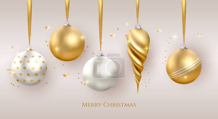 Illustration for 3d realistic Christmas gold ball and bauble decorations. Vector celebration season background illustration - Royalty Free Image